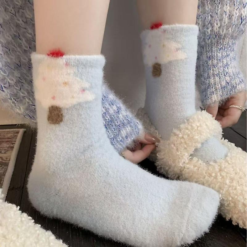 Australische Wollsocken für Damenwinter, Verdickte und warme Wadenlange Socken, Niedliche Cartoon-Schneemann-Schlafsocken, Hausbodensocken