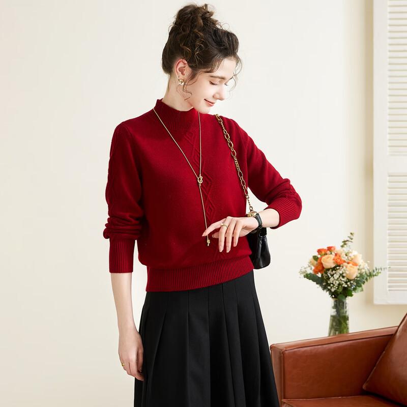 TUHUANG Women's Thick Merino Wool Diamond Half-High Collar Sweater TW431871