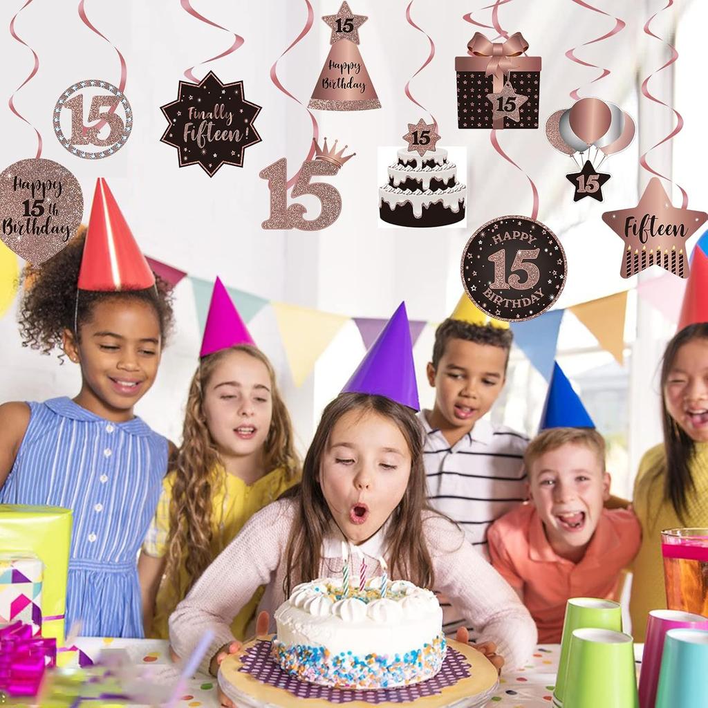Happy 15th Birthday Hanging Swirls Streams Ceiling Decorations, Celebration 15 Foil Hanging Swirls with Cutouts for 15 Years Old Rose Gold Birthday