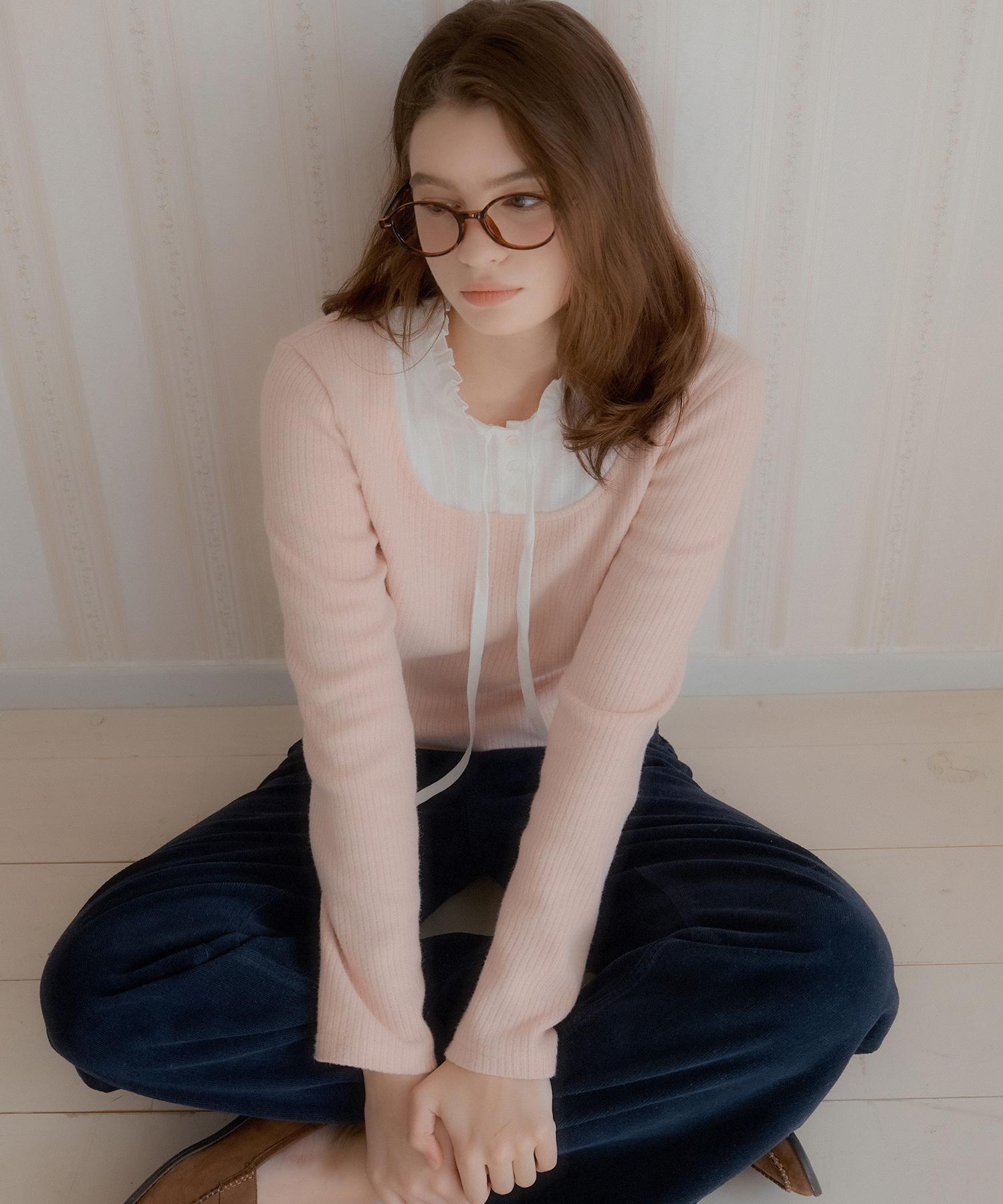 Letter From Moon Lace Layered Ribbed Knit Top (Pink) Pink/Free