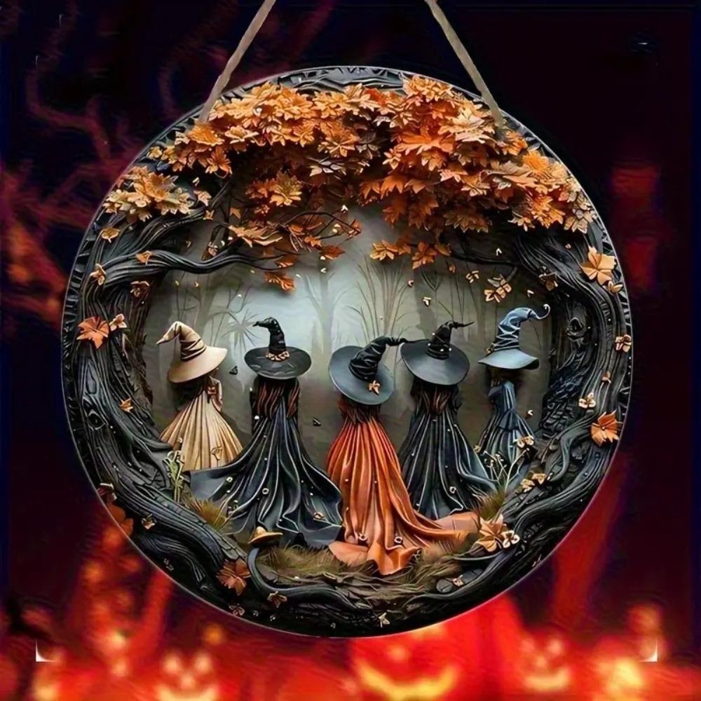 2D Exquisite Witch and Autumn Leaves - Halloween Circular Wooden Sign, Suitable for Home, Restaurant, Bar, Door Decoration Gifts