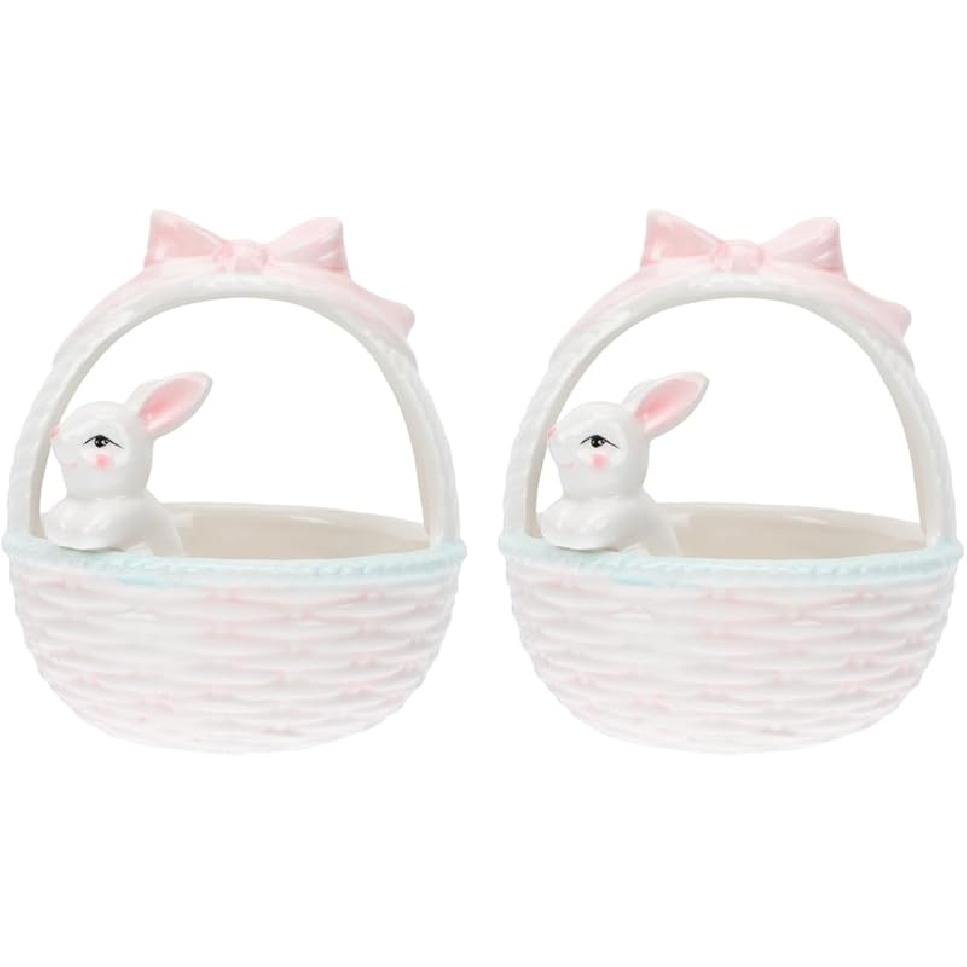 Easter Candy Dish: 1pc Ceramic Bunny Bowl with Handle, Pink Easter Rabbit Home Decor Basket Bunny Candy Bowl, Rabbit Figurine Landscap Ornament for