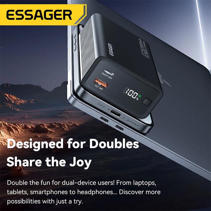 Essager 65W Power Bank 20000mAh PD Fast Charging Portable Battery Charger 3 Output Ports for iPhone 15 14 Pro Notebook Tablet