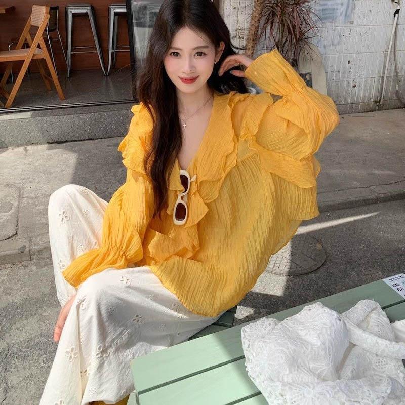 Shirt for Women Summer Oversize Cotton Loose Blouse V Neck Casual Long Sleeve Pullover Soft Loose Shirt Top