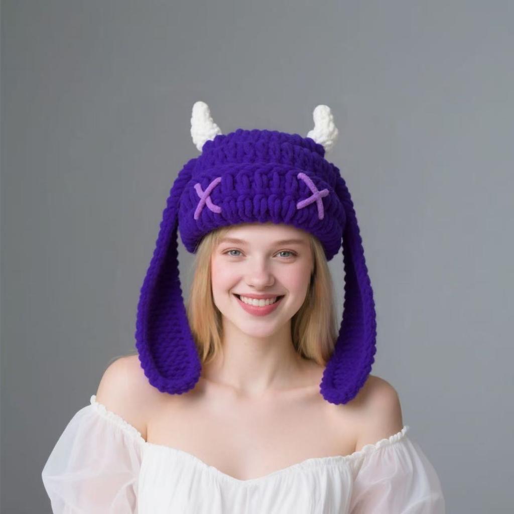 New Little Monster Handmade Knitted Wool Hat Autumn and Winter Thickened Warm Plush Hat Sweet Cool Babe Baotou