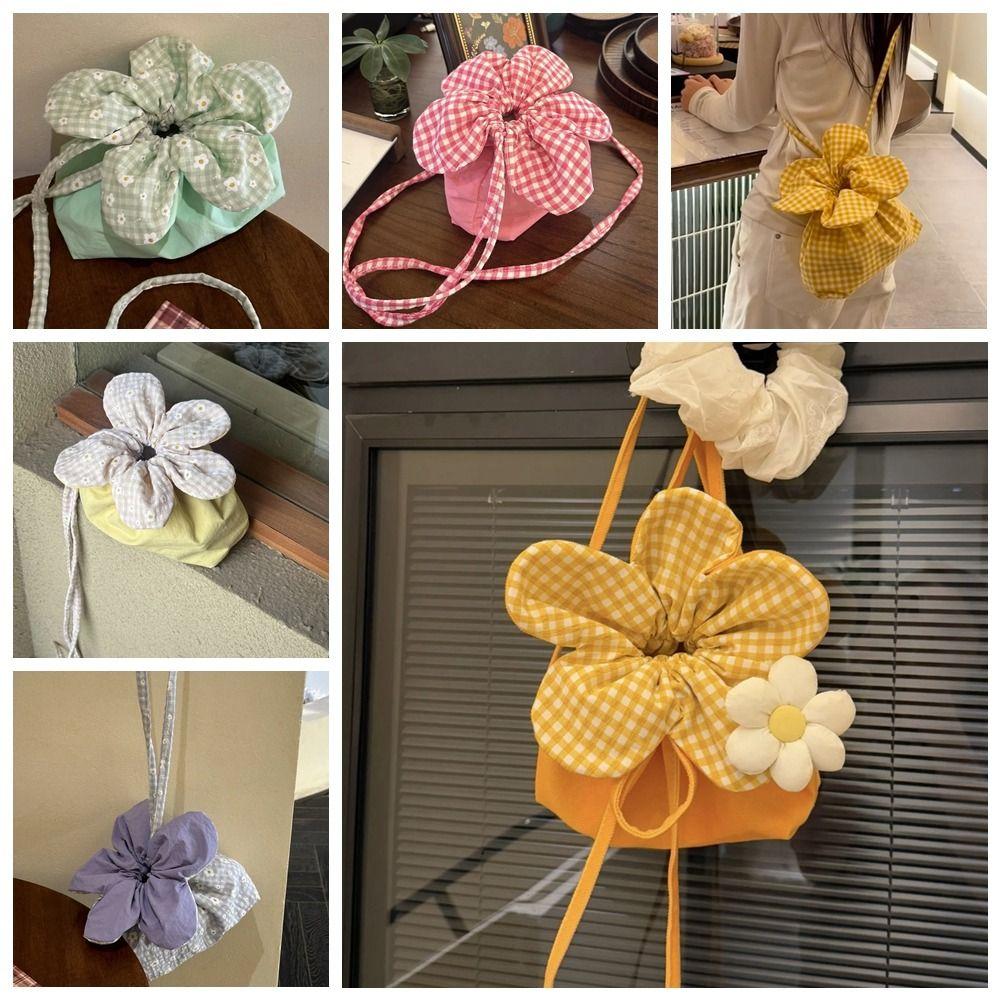 Plaid Flower Drawstring Bag Cute Ins Shoulder Bag Casual Small Crossbody Bag  Vacation