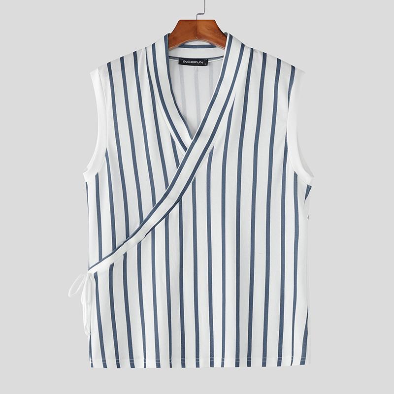 

INCERUN Летние мужские майки без рукавов с V-образным вырезом, шнуровкой по бокам, в полоску, повседневные S серый