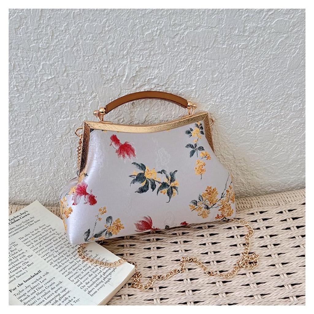 Shoulder Bag Women Cloth Embroidery Floral Chain Strap Daily Commute