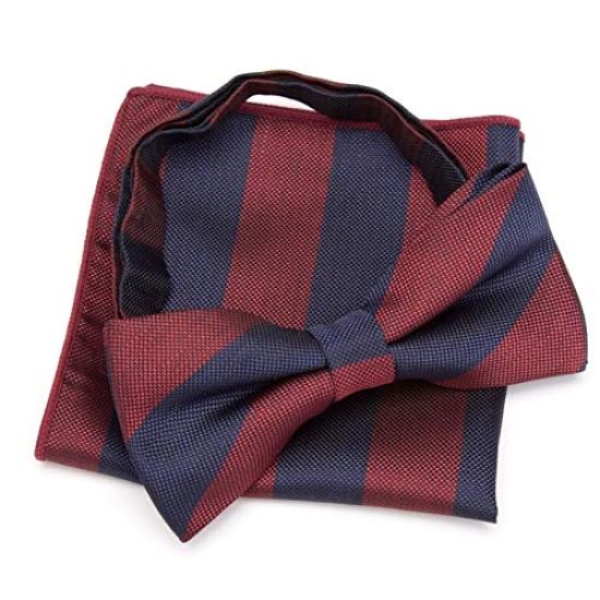 Two-tone Striped Navy X Burgundy [bow Tie & Pocket Square] 2-piece Set, Ribbon, Men's, One-touch, Set-up, Formal, Patterned, Casual.