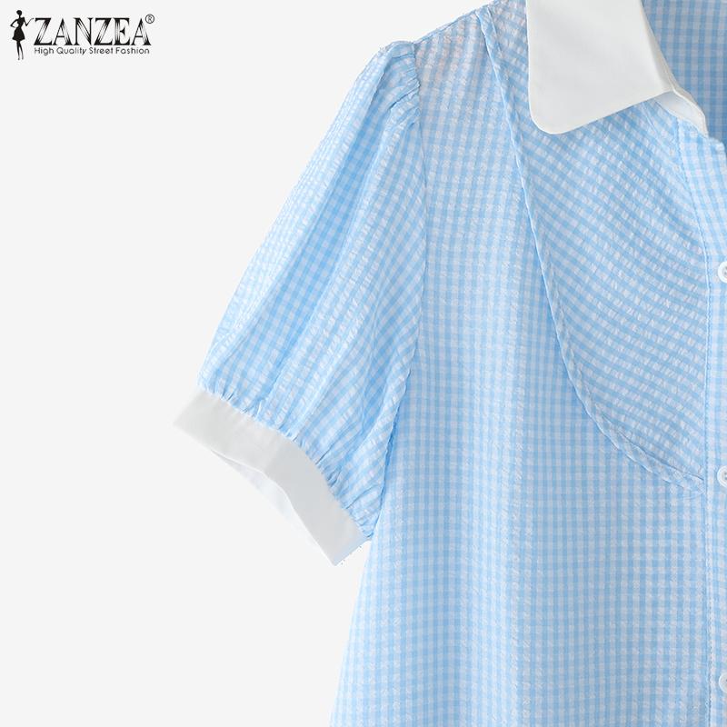 ZANZEA Women Elegant Doll Collar Summer Casual Short Sleeve Grid Print Dress