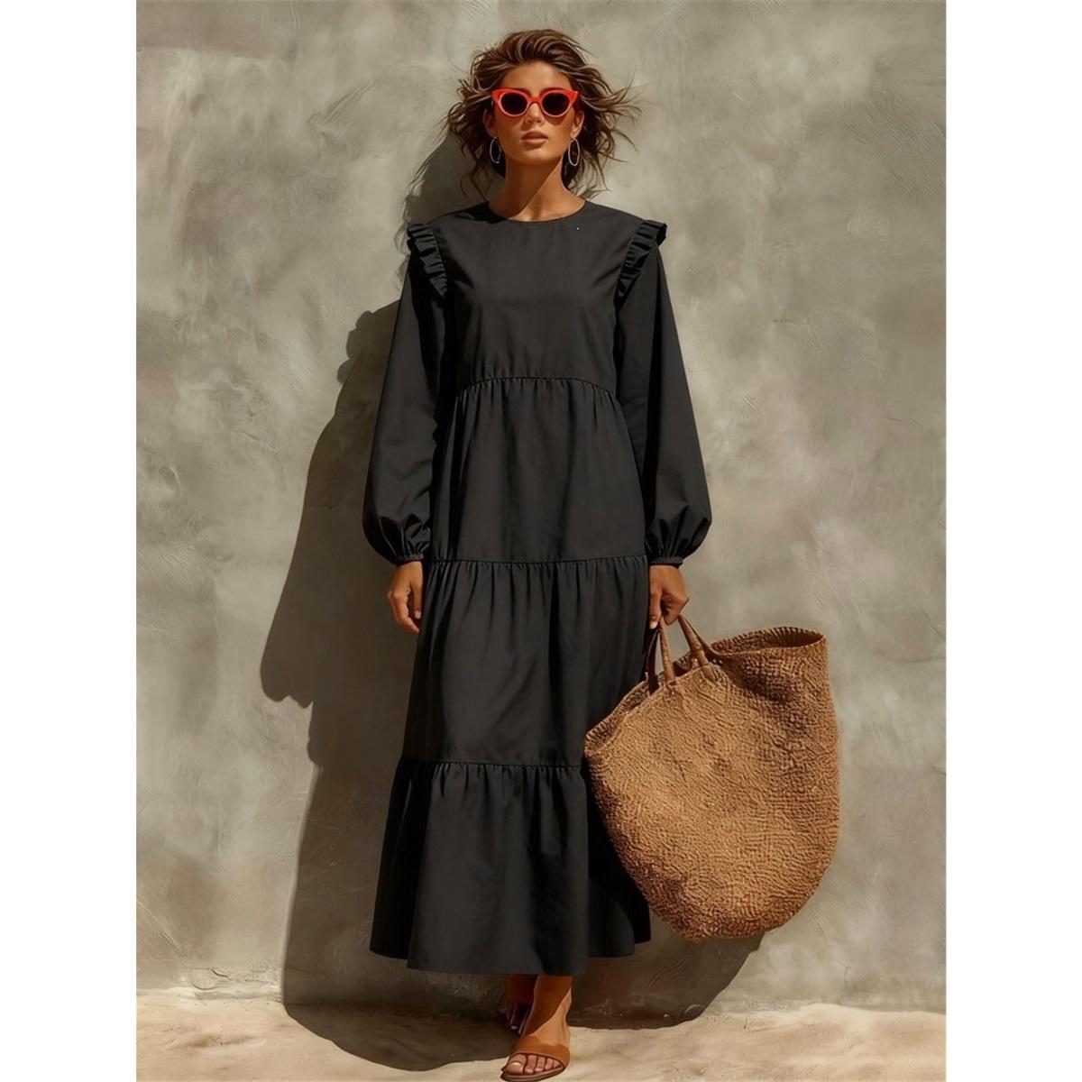 Damen Rundhals Rüschenschulter Puffärmel StufenMaxikleid Locker Lässig Boho Urlaub 4XL