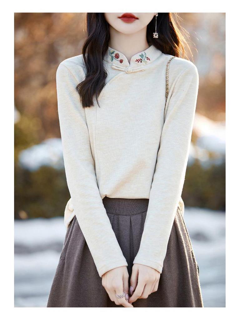 Women's Plus Size Embroidered Stand Collar Long Sleeve Warm Shirt for Autumn/Winter