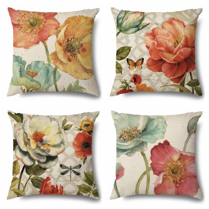 1pcs Retro Printed Anti Linen Pillowcases Office Living Room Floral Cushion Cover Bedroom Bay Window Decorative Pillowcase Easy To Wash Pillowslip