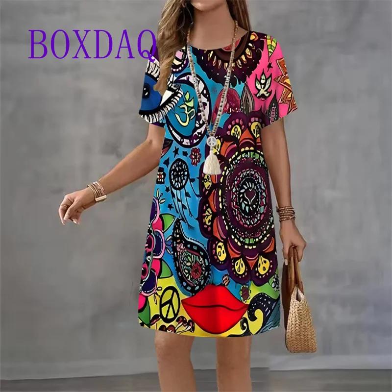 Vintage Print Women Dresses Fashion 2025 Short Sleeve Summer Elegant Sundress Loose Casual Love Print Ladies Mini Dress Vestidos