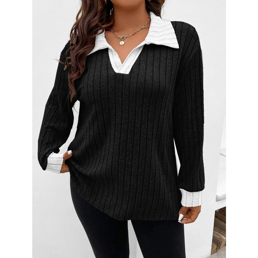 Autumn Winter New Solid Color Plus Size Women's Top V Lapel Long Sleeve Ribbed Brushed T-shirt Loose Casual