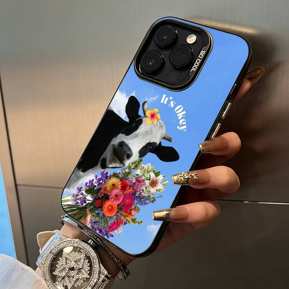 Cute and funny cow For iPhone 17 16 15 14 13 12 11 Pro Max XS 17 Air Silicone Colored Silver Bumper Cover