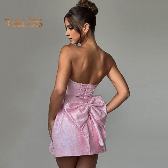 Women Evening Dress Big Bow Decor Bandeau Off Shoulder Floral Texture Sleeveless Lace-up A-line Backless Prom Cocktail Party Ball Gown Summer Mini