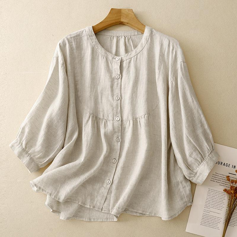 

Solid color small round neck seven-quarter-sleeved cotton and linen doll shirt for women s summer new Japanese simple wind loose sunscreen shirt for 2XL Лляний