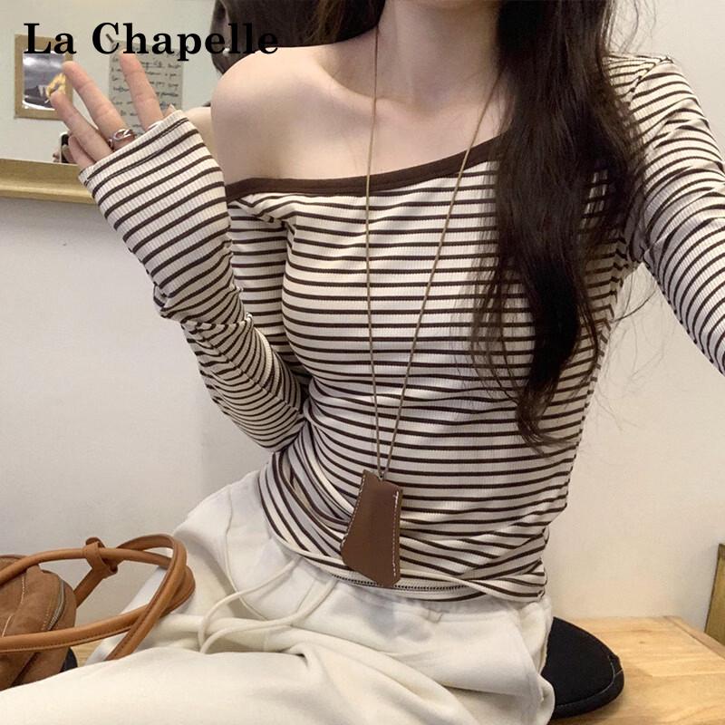 La Chapelle Damen Koreanischer Stil Schulterfrei Gestreiftes Langarm-T-Shirt