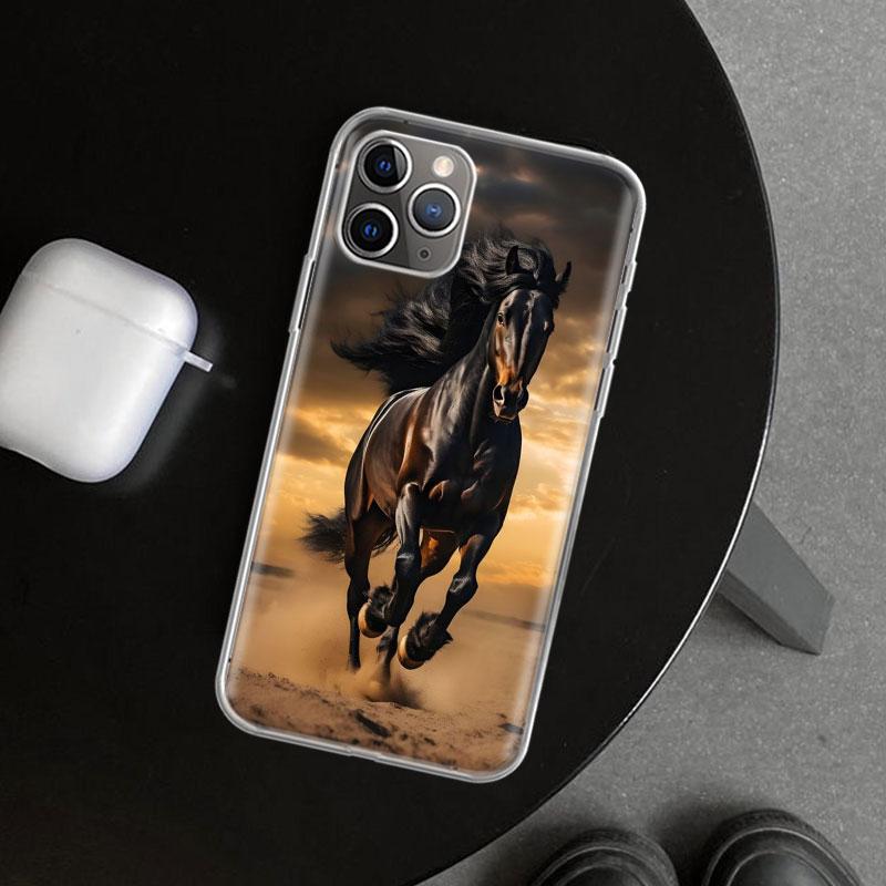 Animal Black Horse Phone Case Cover for iPhone 11 12 13 Mini 14 15 Plus 16 Pro Max 17 Air 7 8 + SE Art Customized Fundas 11 12 1