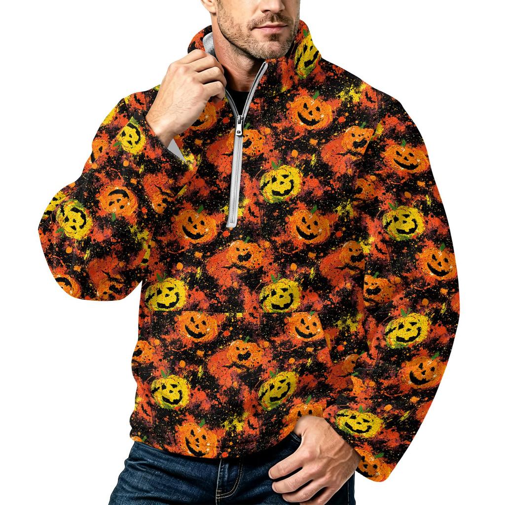 Men's Halloween Print Flannel Zip-Up Sweatshirt, Plus Size Stand Collar Casual Fall Winter Top