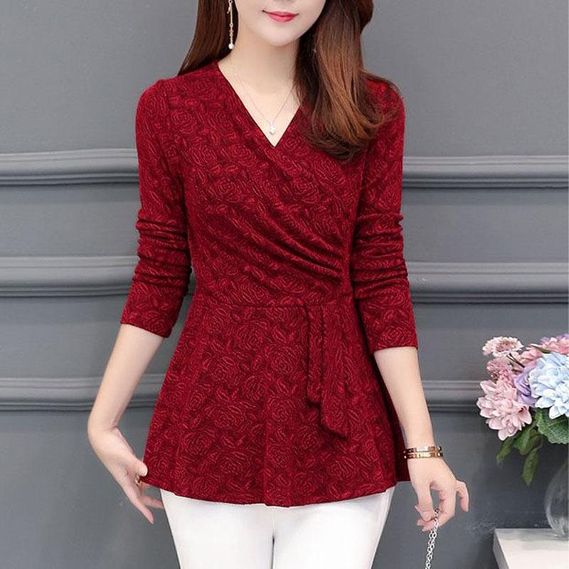 

Винтажные пуловеры с жаккардовым цветочным плетением Женская одежда Элегантный V-образный вырез Весна Осень Повседневный Приталенный Модный топ с драпировкой XXXL красный