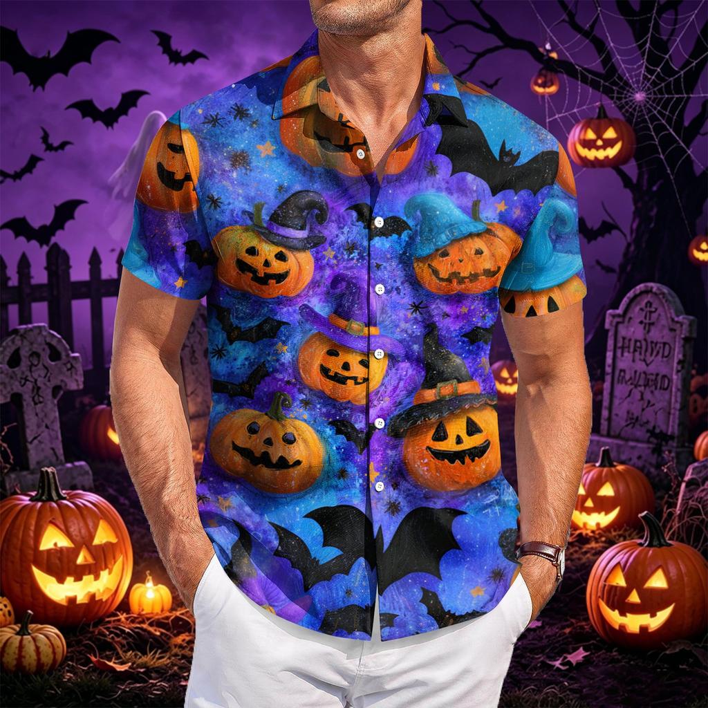 Men's Casual Short Sleeve Button Down Shirt Halloween Pumpkin Print Lightweight Breathable Fabric Summer Shirt