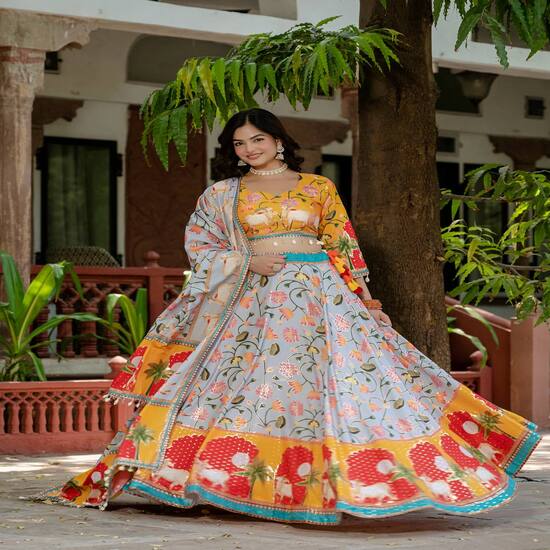 Multicolour Printed Lehenga Set with Animal Motifs