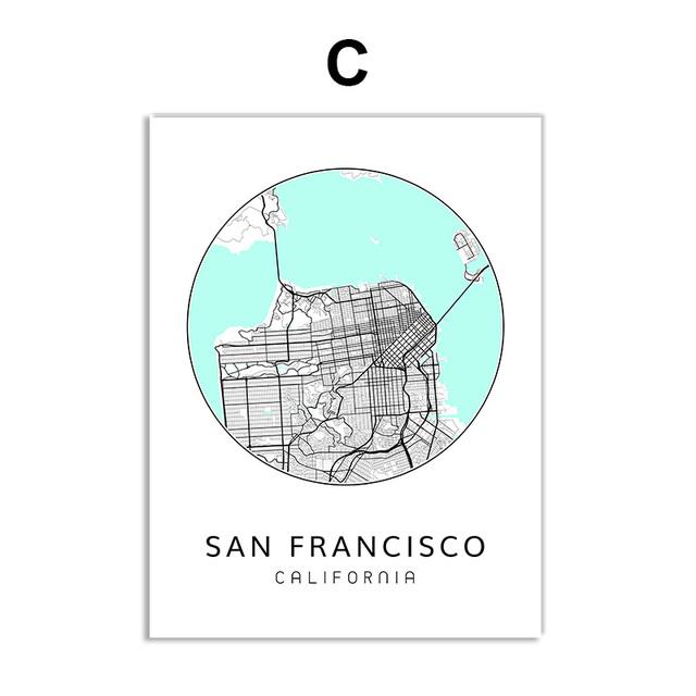 Nordisches minimalistisches Leinwandbild, Weltkarte, Poster, Bosten Landon, New York City, Wandkunst, Heimdekoration, Zitate, kein Rahmen