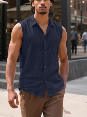 Camicia da uomo casual europea senza maniche in lino con bavero