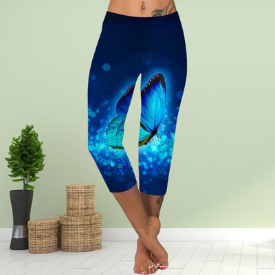 Pantaloni de vară cu picioare scurte Colanți Pantaloni skinny scurta Mărime mare Colanți pentru doamne Subțiri Pantaloni cu imprimeu fluture albastru 3D