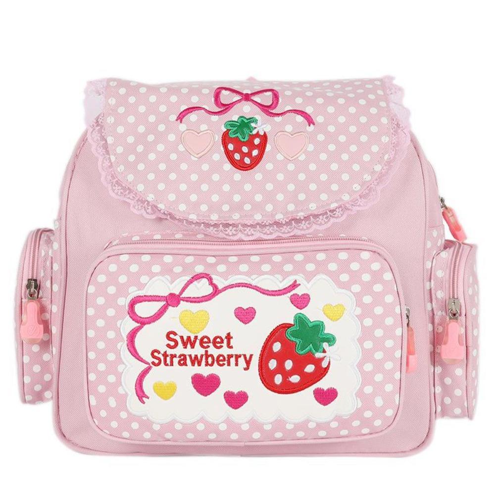 Kawaii Kids School Bag Large Capacity Cute Strawberry Embroidery Student Mochila Nylon Dots Campus Bag for Teenager Girl