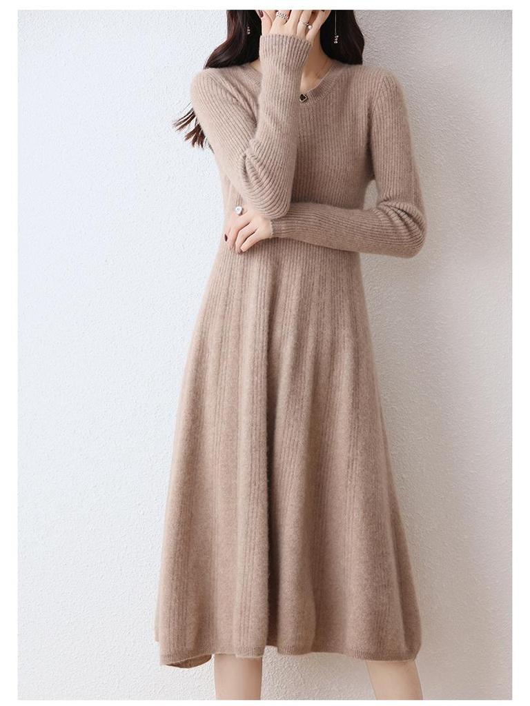 Women's Slim Fit Waist-Cinching Over-the-Knee Knitted Wool Dress - Autumn/Winter Base Layer, Round Neck, New Style