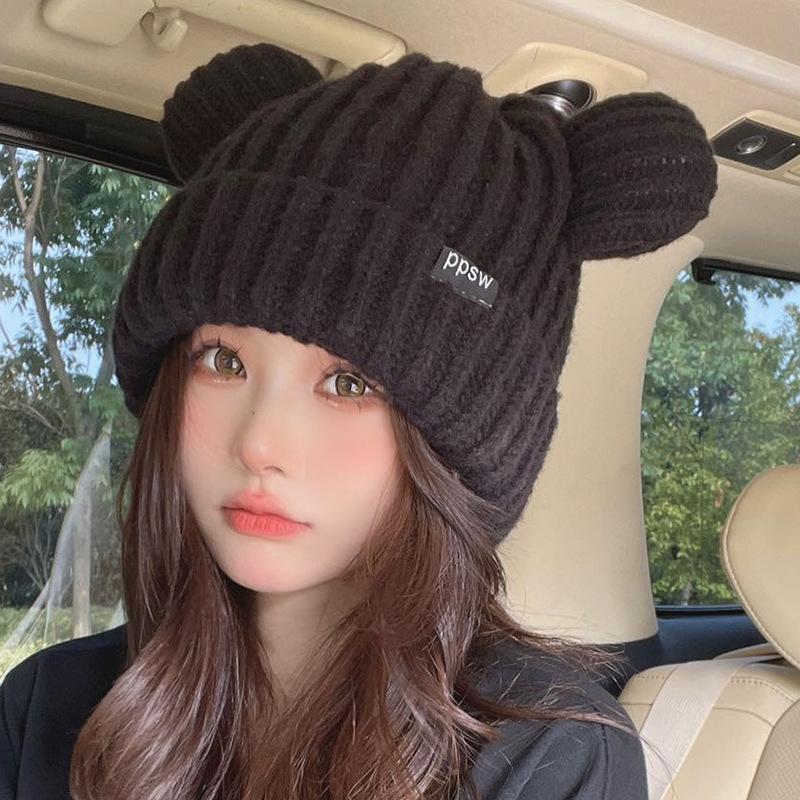 Cat Ear Knitted Hat for Women In Autumn and Winter Warmth and Thick Ear Protection Winter Style Cute Face Showing Small Ins Student Wool Hat