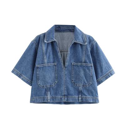 Blue Denim Short Sleeve Cropped Women Summer Short Women's Blouse