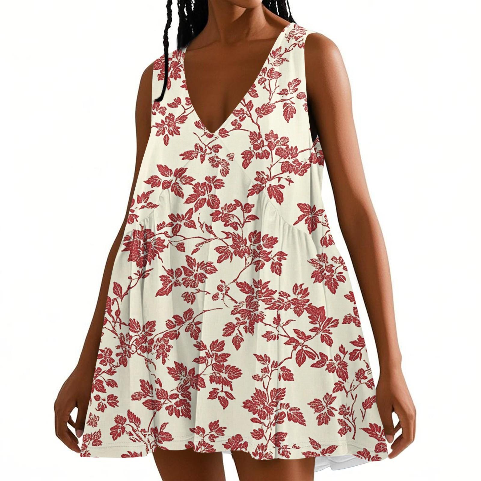 

Женское весенне-летнее повседневное платье без рукавов с V-образным вырезом и цветочным принтом L бежевый