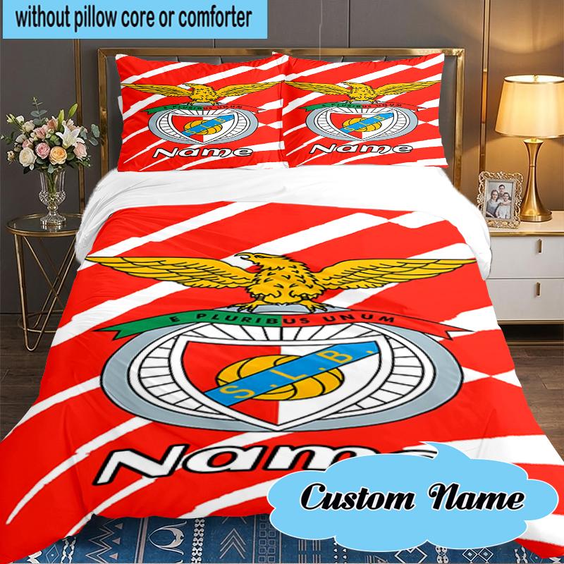 Custom Name Benfica Football Crest Bedding Set 3pcs, Bedding Set Including 1pc Duvet Cover And 2pcs Pillowcases for Bedroom, Dormitory Gift
