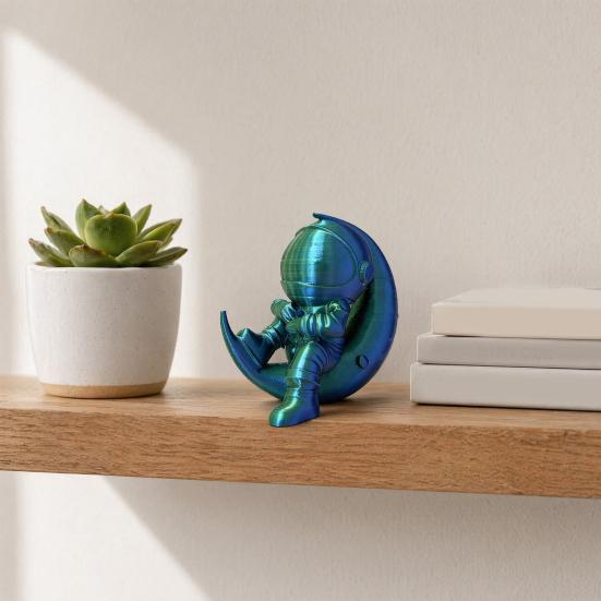 Yousheng 3D Printed Moon Astronaut Figurine, Sitting on Crescent Moon Spaceman Statue, Astronaut Desktop Decoration for Home