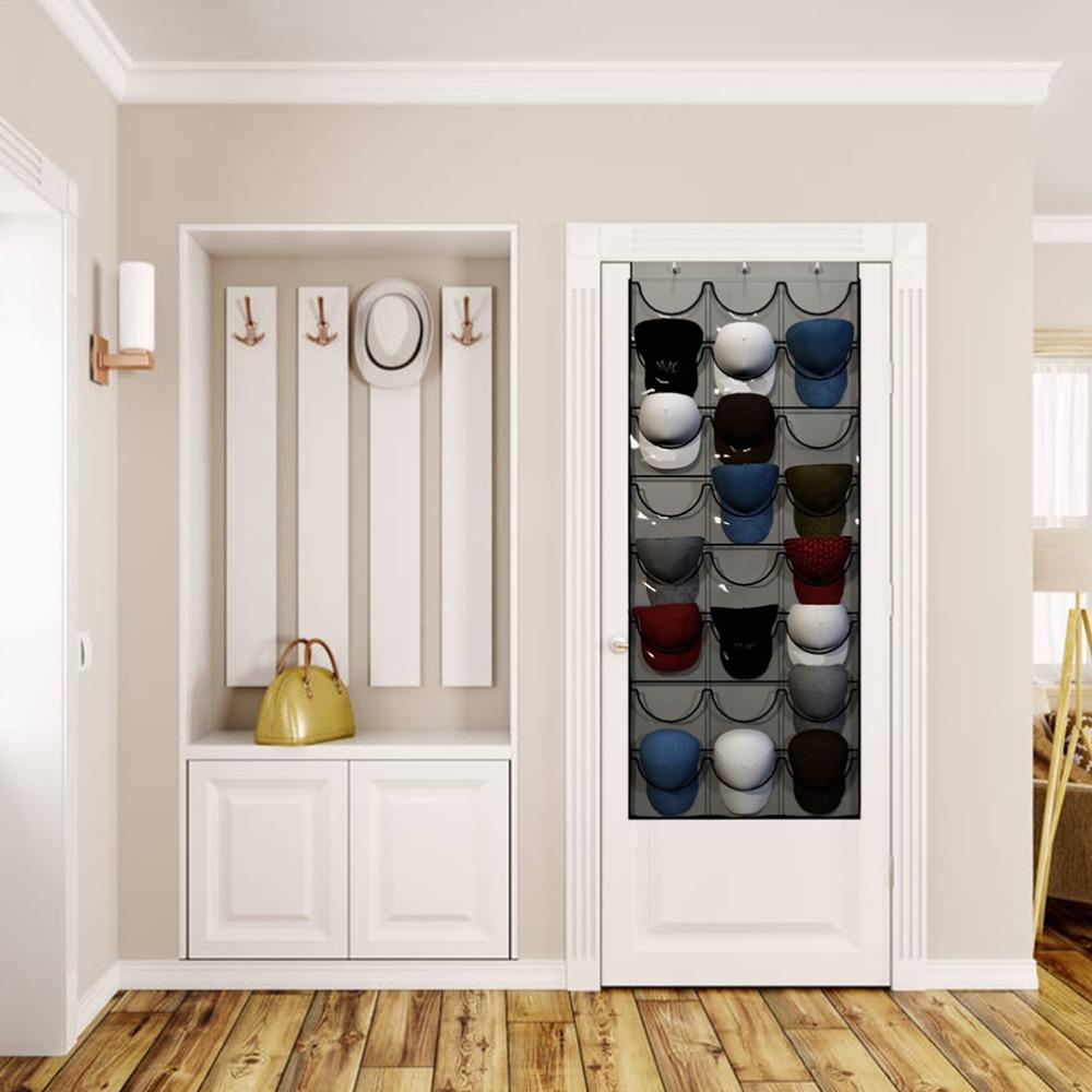 Closet Storage 24 Pockets Hat Rack Grey 3 Hooks Hat Organizer Space Saving Multi Functional Cap Rack Bedroom