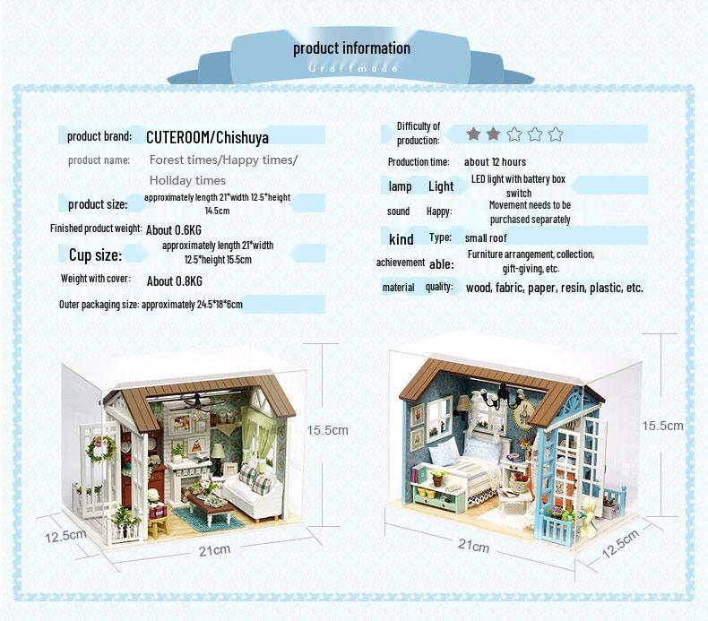 Zhiquwu DIY Forest Blue Time House with Dust Cover - Upgraded Version