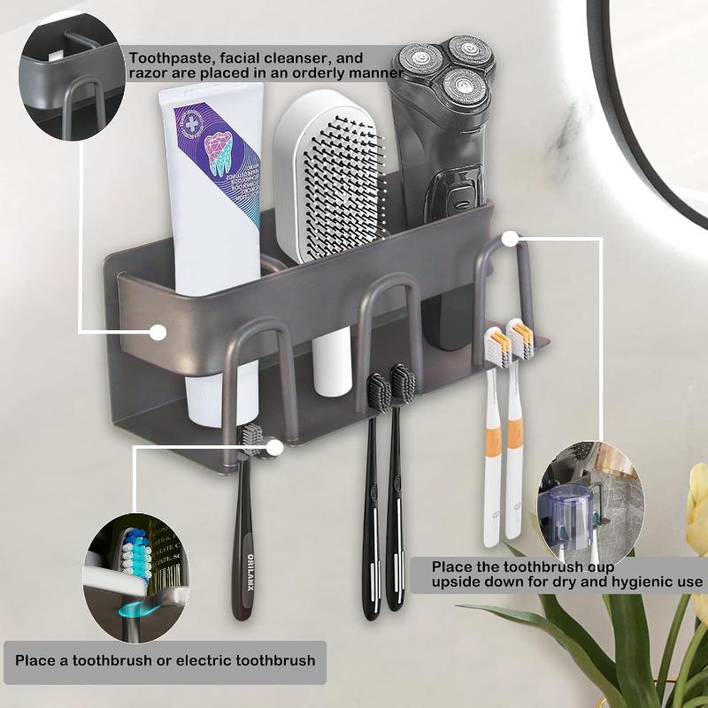 Space Aluminum Toothbrush Holder Toothbrush Cup Plastic Set 3 Toothbrush Slots Self-adhesive Toothpaste Holder Toothbrush Holder