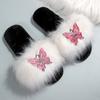 Fashion Lovely Butterfly Detor Cotton Slippers Women Soft Faux Furry Plush Slippers Woman Winter Open Toe Slip On Fur Slides Female