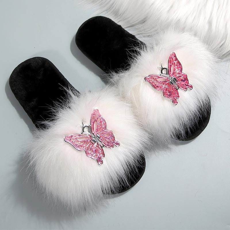 Fashion Lovely Butterfly Detor Cotton Slippers Women Soft Faux Furry Plush Slippers Woman Winter Open Toe Slip On Fur Slides Female