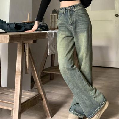 Kadın Kot Yüksek Bel Fermuar Düğme Kapatma Düz Renk Gevşek Geniş Bacak Kat Uzunluk Retro Sıkıntılı Düz ​​Cepler Yumuşak Solmaz Bayan Kot Pantolon