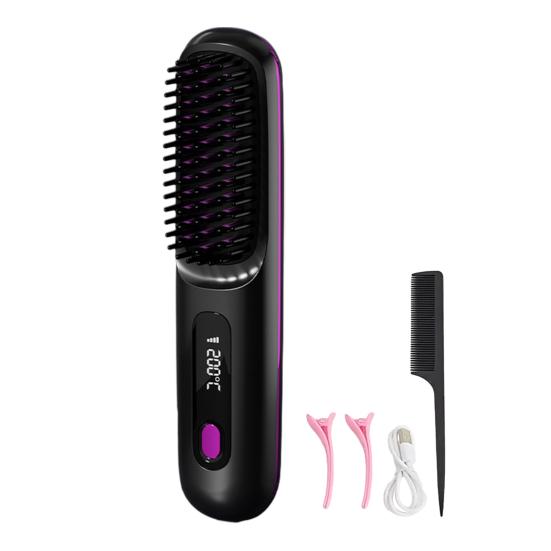 

Бездротова іонна випрямляч-щітка для волосся 3-в-1 Випрямлення, завивка та розгладження Іонна щітка для волосся Портативна та перезаряджувана Швидкий нагрів Проти пухнастості волосся чорний