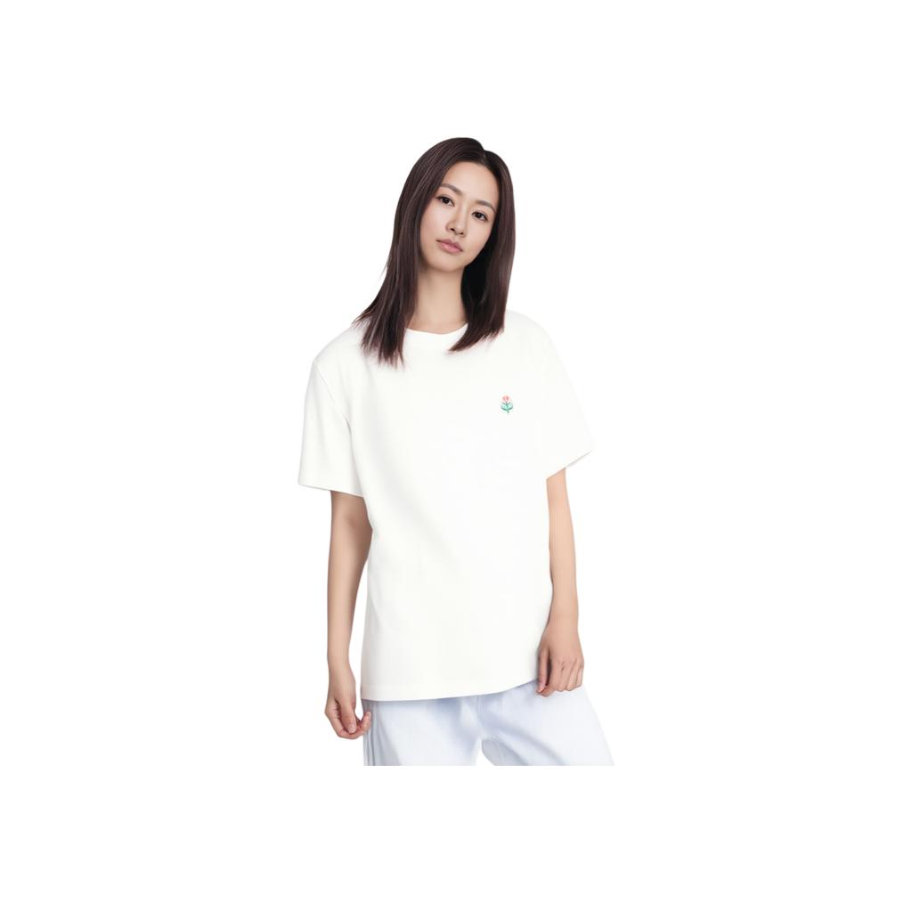 Li Ning Gesticktes Blumenmuster Rundhals Kurzarm T-Shirt Damen Oberteile Cremeweiß AHST490-1