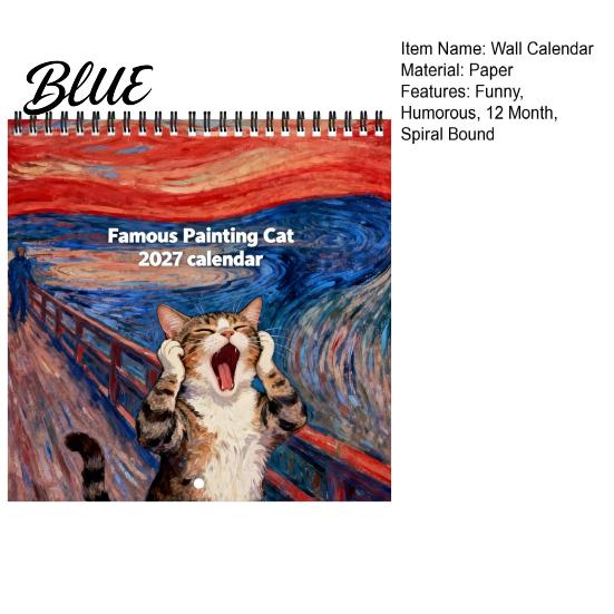 Pet Themed Daily Planner 2027 Oil Painting Cat Wall Calendar 12 Month Funny Planner Jan-Dec Creative Gifts for Women Men Spiral Bound Hanging