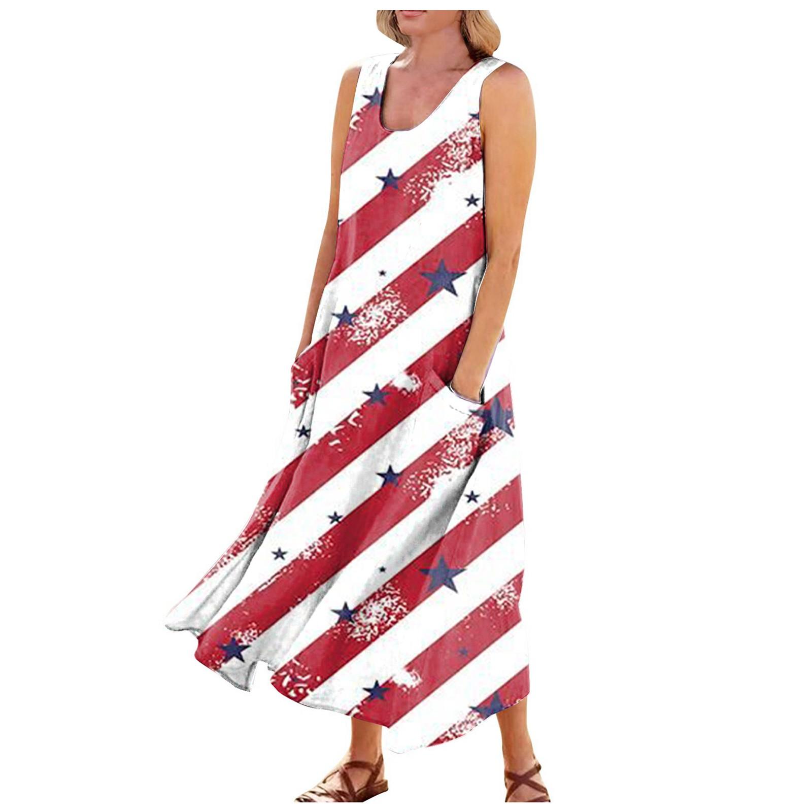 

Women s Casual Comfortable Independence Day Print Sleeveless Cotton Pocket Dress L червоний