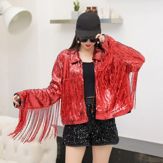 Lapel Long Sleeve Open Stitch Short Type Women Coat Shiny Sequins Tassel Stage