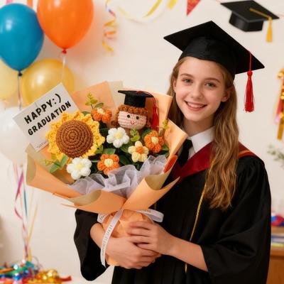 2026 Graduation Crochet Flower Bouquet Knitted Grad Doll Artificial Preserved Flowers Gift For Teacher's Day Home Decor Gift